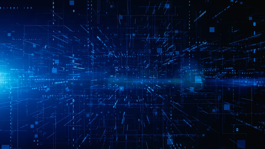Abstract blue digital grid with binary code and light trails suggesting speed, pipelines, and delivery to production.